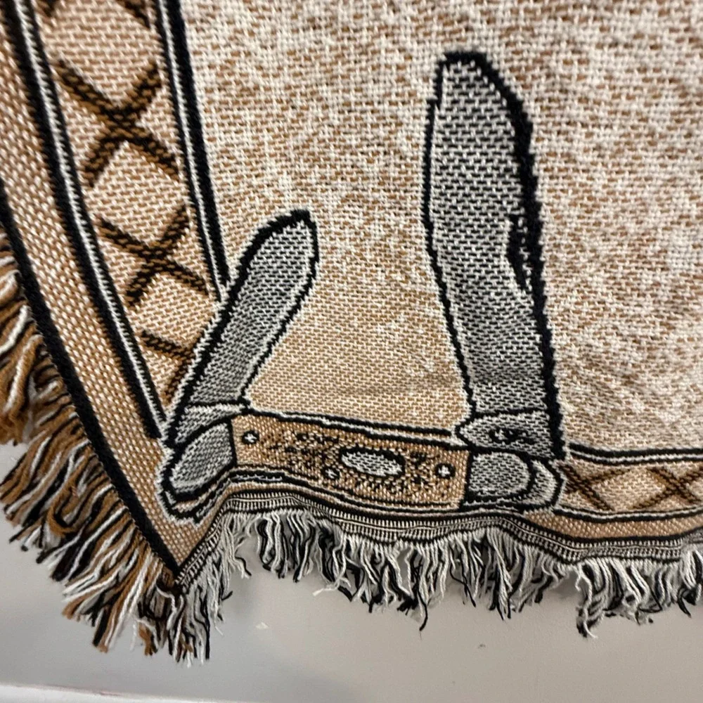 Vintage W.R. Case & Sons Cutlery Co. Woven Tapestry Throw Blanket Souvenir 48x60